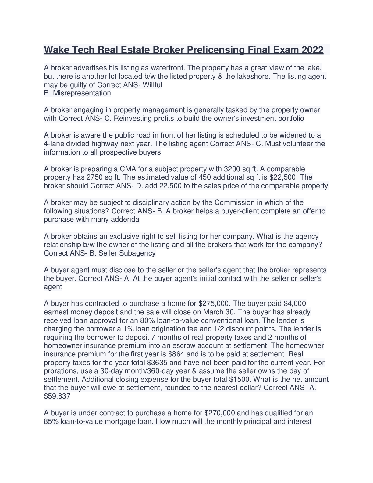 Wake Tech Real Estate Broker Prelicensing Final Exam Browsegrades